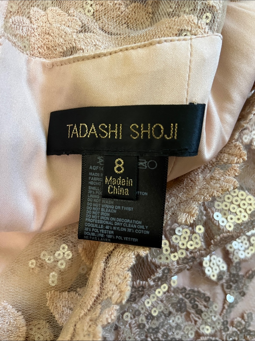 Tadashi Shoji Blush Champagne Sequined Lace Overlay Cocktail Formal Dress 8 - Picture 6 of 7